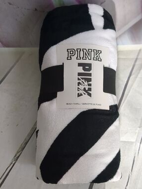 PINK Victoria's Secret Black & White Logo Cotton BeachTowel